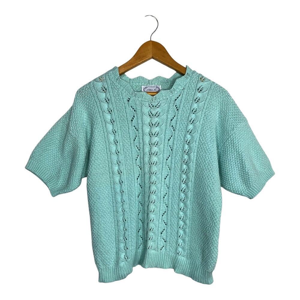 Vintage Billi Jo Crochet Chunky Knit Short Sleeve Sweater Scalloped USA M/L Blue